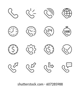 Set of phone vector line icons. It contains the symbols of incoming, outgoing, missed calls, global call and round the clock online support and much more. Editable move. 32x32 pixels.