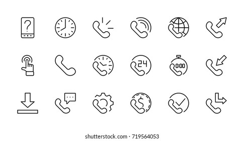 Set of phone vector line icons. It contains the symbols of incoming, outgoing, missed calls, global call and round the clock online support and much more. Editable move. 32x32 pixels.