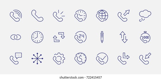 Set of phone vector line icons. It contains the symbols of incoming, outgoing, missed calls, global call and round the clock online support and much more. Editable move. 32x32 pixels.