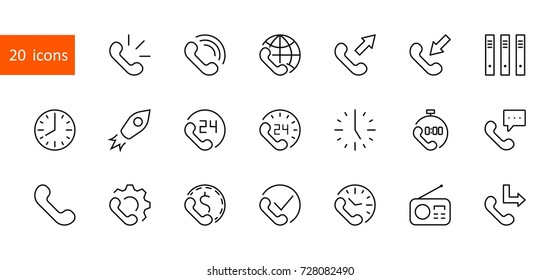 Set of phone vector line icons. It contains the symbols of incoming, outgoing, missed calls, global call and round the clock online support and much more. Editable move. 32x32 pixels.
