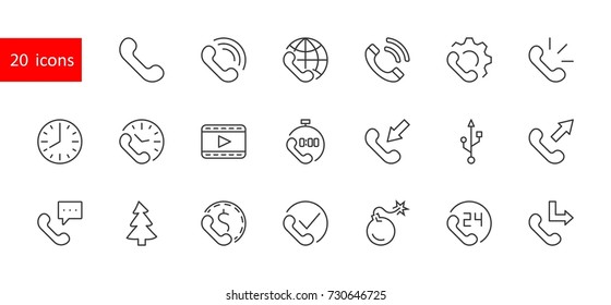Set of phone vector line icons. It contains the symbols of incoming, outgoing, missed calls, global call and round the clock online support and much more. Editable move. 32x32 pixels.