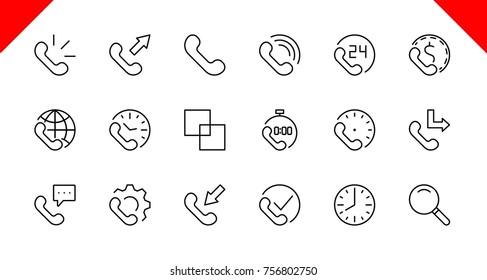 Set of phone vector line icons. It contains the symbols of incoming, outgoing, missed calls, global call and round the clock online support and much more. Editable move. 32x32 pixels.