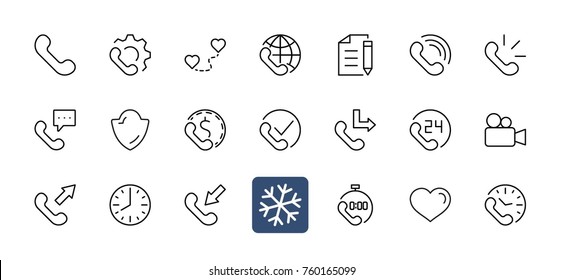 Set of phone vector line icons. It contains the symbols of incoming, outgoing, missed calls, global call and round the clock online support and much more. Editable move. 32x32 pixels.