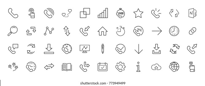 Set of phone vector line icons. It contains the symbols of incoming, outgoing, missed calls, global call and round the clock online support and much more. Editable move. 32x32 pixels.