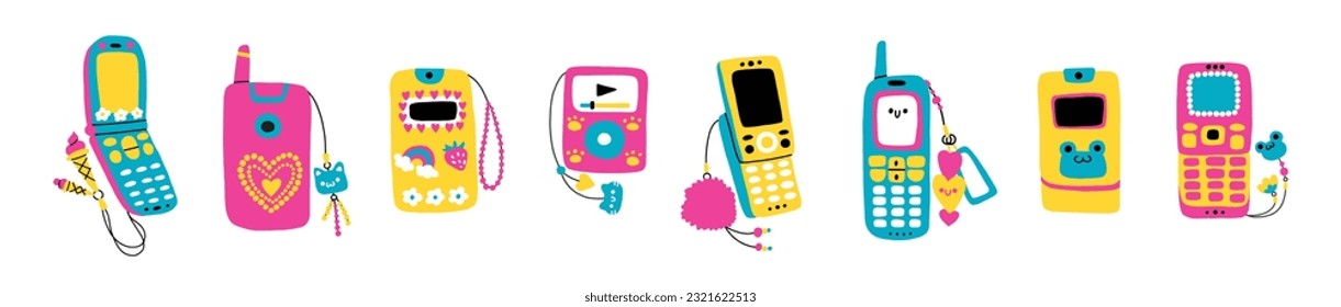 A set of phones from the 2000s, music players. Vector illustration in naive hand-drawn style. 