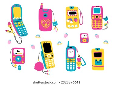 A set of phones from the 2000s, music players. Vector illustration in naive hand-drawn style. 