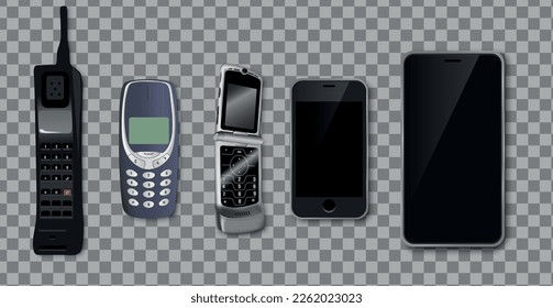 Juego de teléfonos en diferentes entradas, desde el viejo al nuevo teléfono.