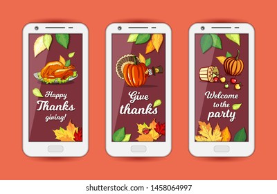 Set of phones with greeting backgrounds for Thanksgiving day. Vector illustration