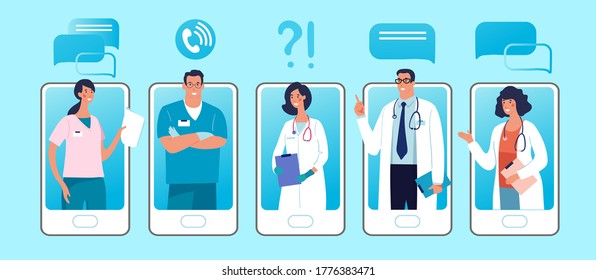 Set of phones with male and female characters of doctors on the screen. Concept of online clinic, call and video consultation with medical specialists. Flat vector illustration