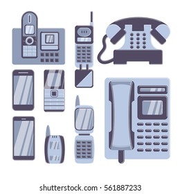 Set of phones on white background. Old-fashioned and modern devices.