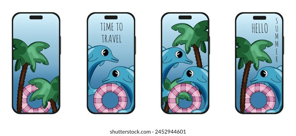 Set of Phones with Summer screensaver. Travel Concept for Mobile Phones Wallpaper. Y2K vector aesthetic can used Travel agency advertising design. EPS 10 Editable stroke