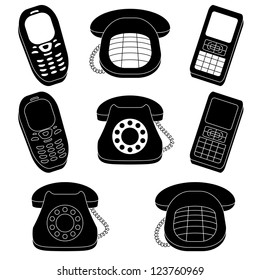 Set of phones, vintage and mobile, black silhouette on white background. Vector