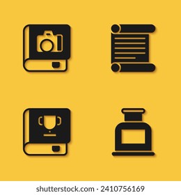 Set Photo album gallery, Inkwell, Book and Decree, parchment, scroll icon with long shadow. Vector