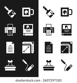 Set Photo album gallery, Printer, Paint brush, Coffee cup, File document, Paper size, roller and Stamp icon. Vector