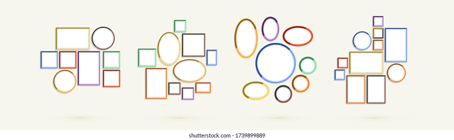Set von Foto- und Kunstrahmen an der Wand in einem flachen Stil. Einfache Darstellung der Vektorgrafik von Leerfotografen