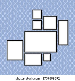 Set of photo and art frames on wall in a flat style. Simple blank photoframes collection vector illustration