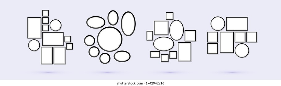Set of photo and art frames on wall in a flat style. Simple blank photoframes collection vector illustration