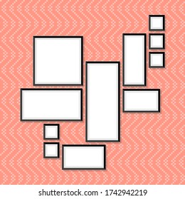 Set of photo and art frames on wall in a flat style. Simple blank photoframes collection vector illustration