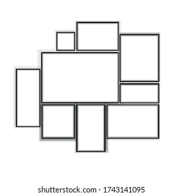 Conjunto de marcos de fotos y arte en la pared en un estilo plano. Ilustración vectorial de la colección de fotomarcos en blanco simple