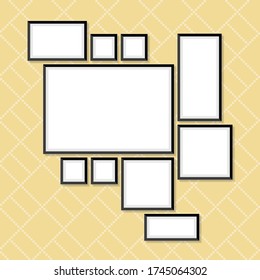 Set of photo and art frames on wall in a flat style. Simple blank photoframes collection vector illustration