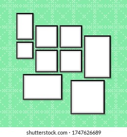 Set of photo and art frames on wall in a flat style. Simple blank photoframes collection vector illustration