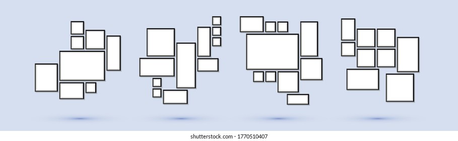 Conjunto de marcos de fotos y arte en la pared en un estilo plano. Ilustración vectorial de la colección de fotomarcos en blanco simple