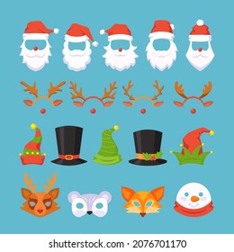 Set of Photo Booth Christmas Masks Santa Claus, Reindeer, Snowman, Fox and Elves Hats. Masquerade Decor for Costume Party. Isolated Face Masking Xmas Holidays Collection. Cartoon Vector Illustration