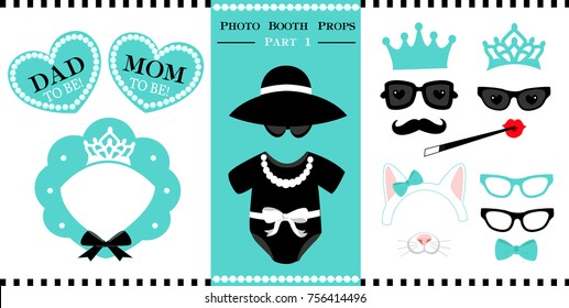 Set of  photo booth printable props for bridal, baby shower, birthday party and wedding in vintage style. Vector frame of bonnet shape. Little baby black dress - bodysuit. 