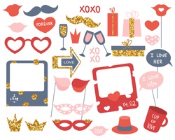Set Of Photo Booth Props For Valentine's Day Or Other Party. Vector Hand Drawn Illustration.