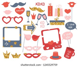 Set of photo booth props for Valentine's Day or other party. Vector hand drawn illustration.