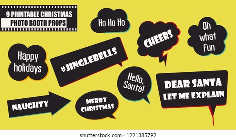 Set of photo booth props vector illustration. Christmas party collection of quotes and jokes in speech bubbles. Perfect for photobooth shooting 