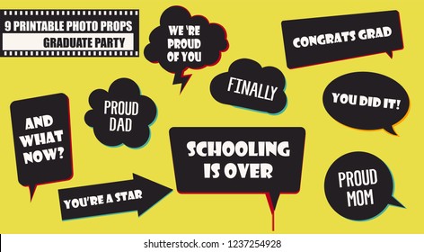 Set of photo booth props vector illustration. Graduate party collection of quotes and jokes in speech bubbles. Perfect for photobooth shooting with grads 