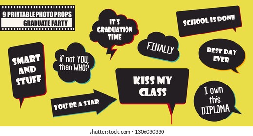 Set of photo booth props vector illustration. Graduate party set of quotes and jokes in speech bubbles. Perfect for photobooth shooting or selfie with grads 