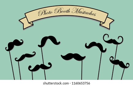 Set of photo booth style mustaches with ribbon for text on vintage green background. Vector EPS10