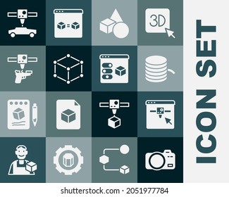 Set Photo camera, 3D printer setting, Filament for, Basic geometric shapes, Isometric cube, gun, car and  icon. Vector