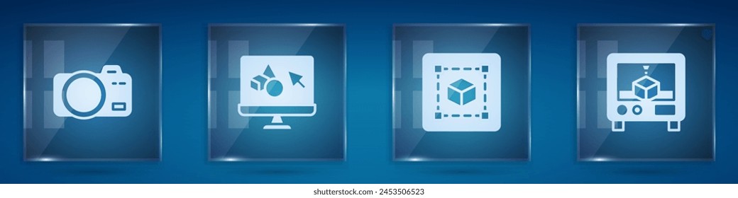 Set Photo camera, 3D printer software, Geometric figure Cube and . Square glass panels. Vector