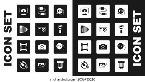 Set Photo camera, Action, USB cable cord, fx and Camera roll cartridge icon. Vector