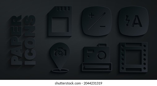 Set Photo camera, Auto flash, Camera roll cartridge, Exposure compensation and SD card icon. Vector