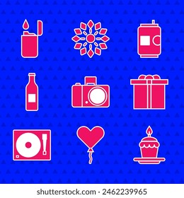 Set Photo camera, Balloon in form of heart, Cake with burning candles, Gift box, Vinyl player vinyl disk, Beer bottle,  and Lighter icon. Vector