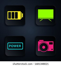 Set Photo camera, Battery charge level indicator, Power button and Smart Tv. Black square button. Vector