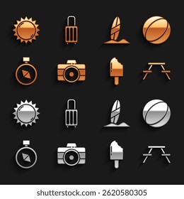 Set Photo camera, Beach ball, Picnic table with benches, Ice cream, Compass, Surfboard, Sun and Suitcase icon. Vector