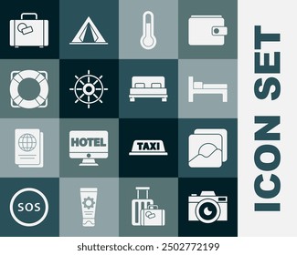 Set Photo camera, Bed, Meteorology thermometer, Ship steering wheel, Lifebuoy, Suitcase and Big bed icon. Vector