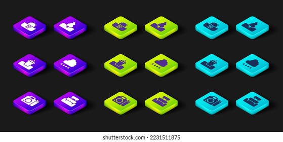 Establezca la cámara fotográfica, el banco, la papelera, la nube con lluvia, el árbol y el icono de la salida del sol. Vector