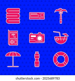 Set Photo camera, Bottle of water, Lifebuoy, Coconut cocktail, Sun protective umbrella for beach, Travel brochure, Tropical palm tree and Towel stack icon. Vector