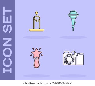 Set Photo camera, Burning candle, Christmas star and Microphone icon. Vector