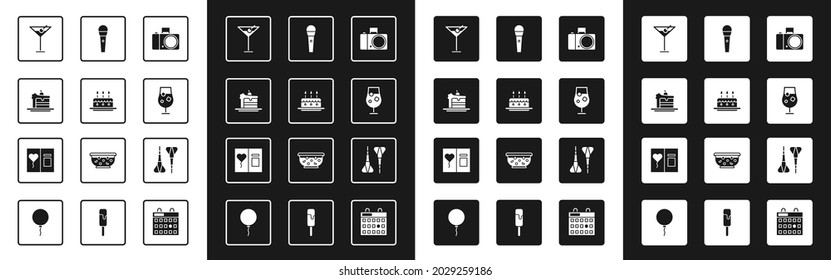 Set Photo camera, Cake with burning candles, Martini glass, Cocktail alcohol drink, Karaoke microphone, Dart arrow and Greeting card icon. Vector