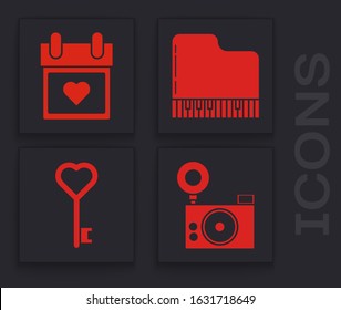 Set Photo camera, Calendar with heart, Grand piano and Key in heart shape icon. Vector