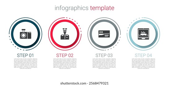 Set Photo camera, Captain of ship, Postcard travel and Cruise. Business infographic template. Vector