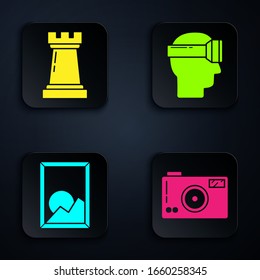 Set Photo camera, Chess symbol, Picture landscape and Virtual reality glasses. Black square button. Vector