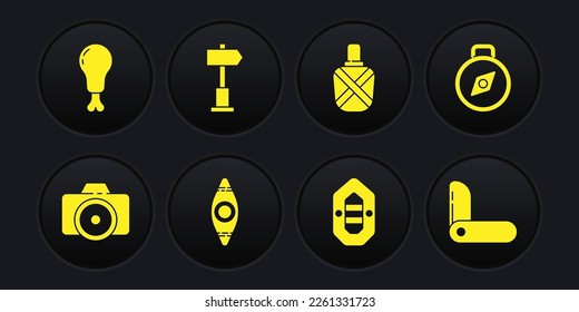 Set Photo camera, Compass, Kayak or canoe, Rafting boat, Canteen water bottle, Road traffic signpost, Swiss army knife and Chicken leg icon. Vector